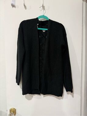 Maurices Black Open-Front Knit Cardigan with Ladder Detail